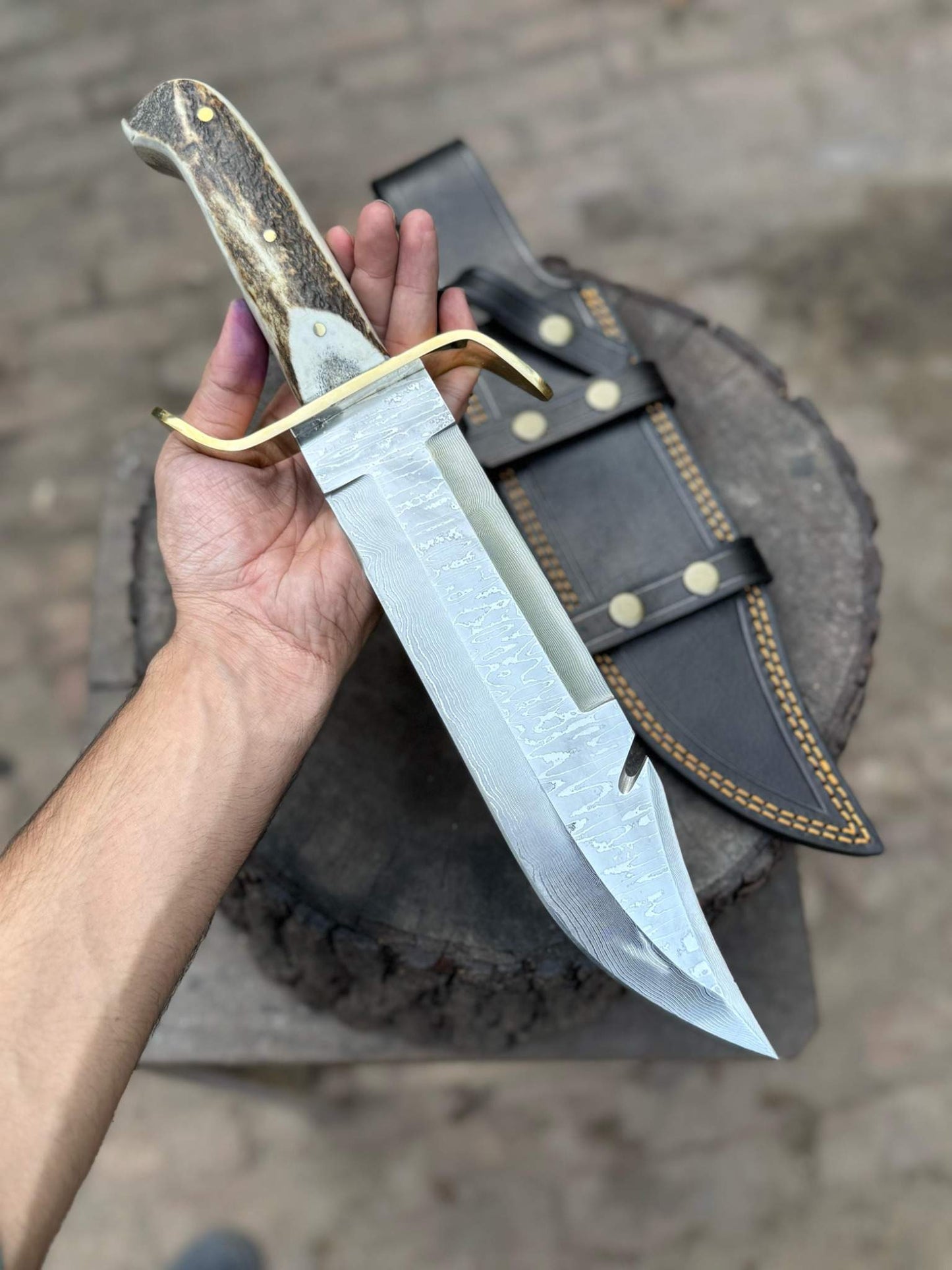 Custom Stainless Damascus Bowie Knife – Handmade Engraved Hunting Blade | Personalized Gift for Him, Outdoor Survival & Collectible Knife