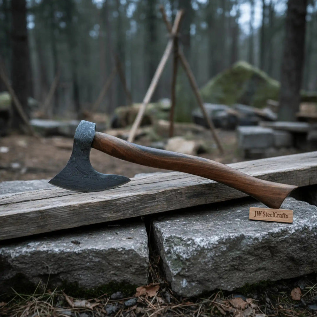     Runewood premium Damascus bushcraft axes displayed in a foggy forest with finely forged steel and curved hardwood handles.