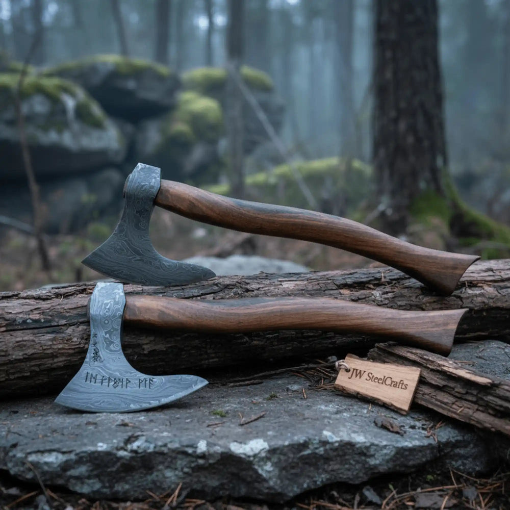     Silvergrove custom Damascus twin hatchets with flowing steel patterns and handcrafted walnut handles displayed on rugged stone.