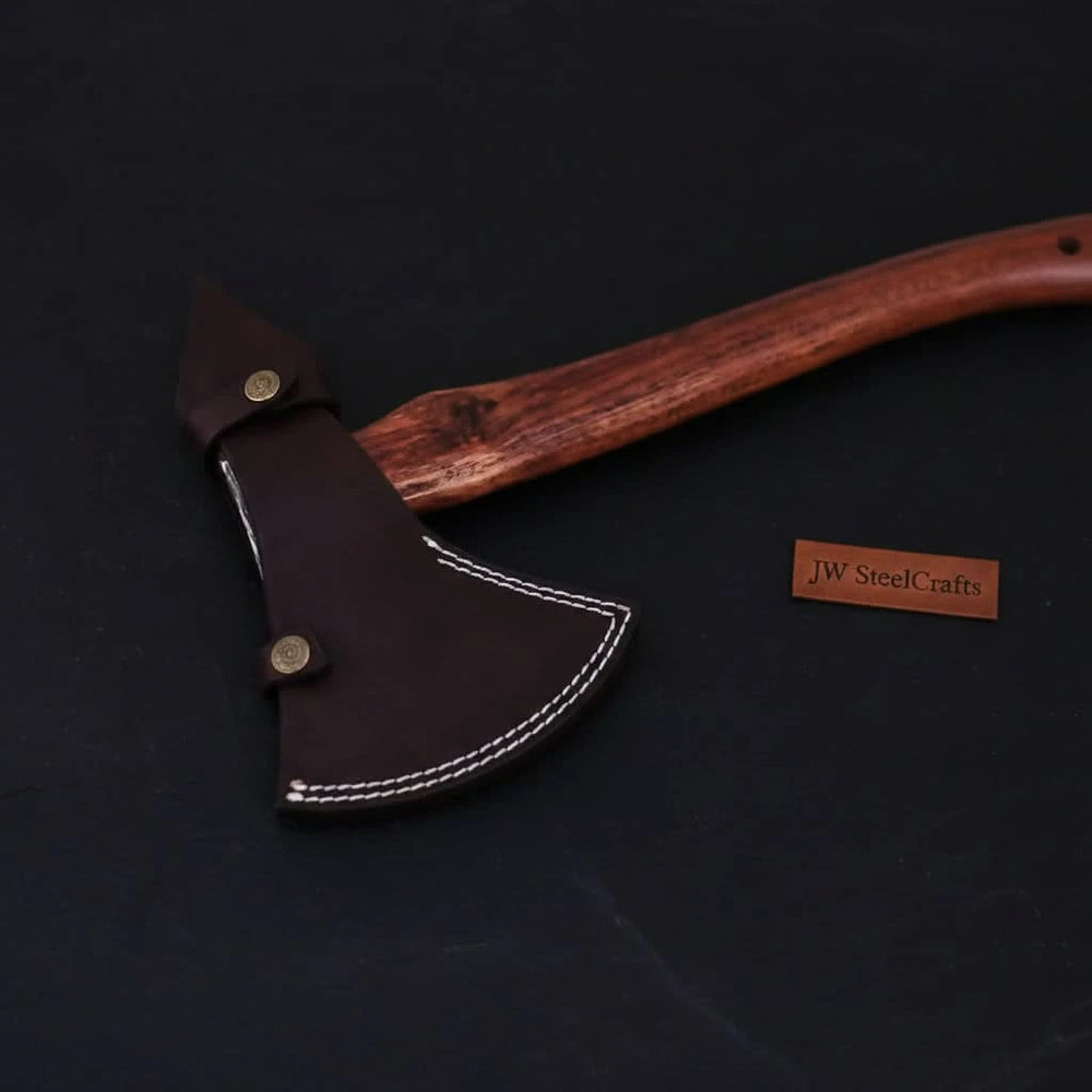     Premium handcrafted hatchet with artistic Damascus blade and durable hardwood handle design.
