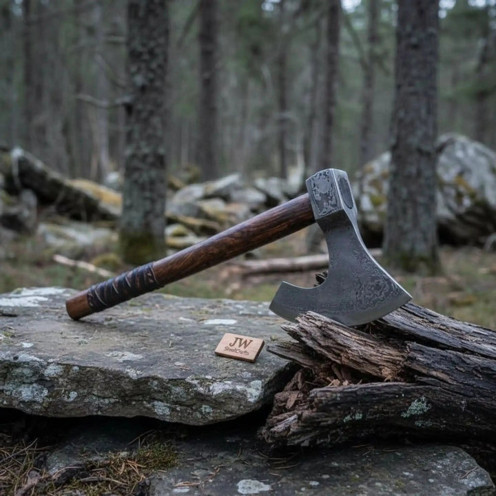     Forged steel hand axe with rustic wooden grip photographed outdoors among trees and rocks.