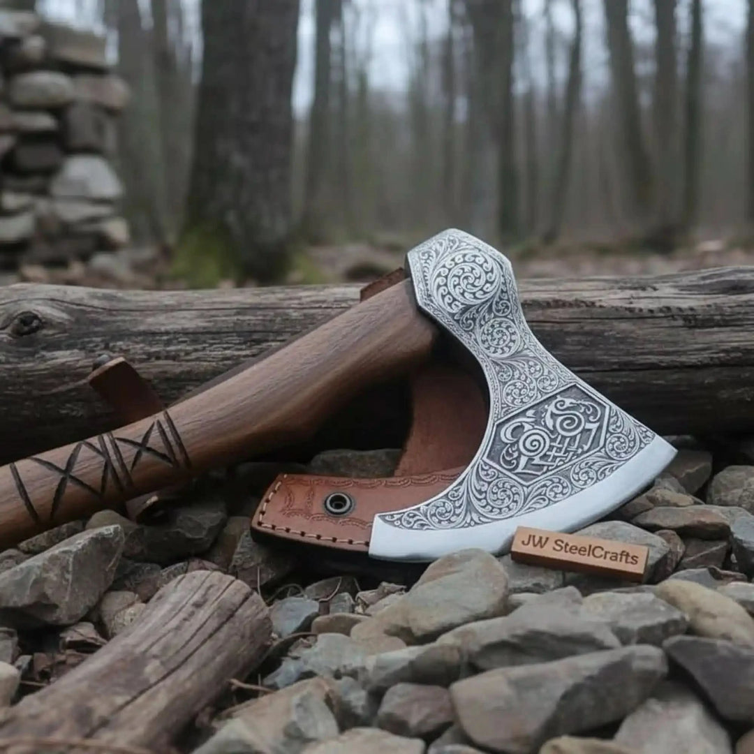     Bushcraft hand axe with engraved blade and curved wooden handle displayed on stone and log surface.