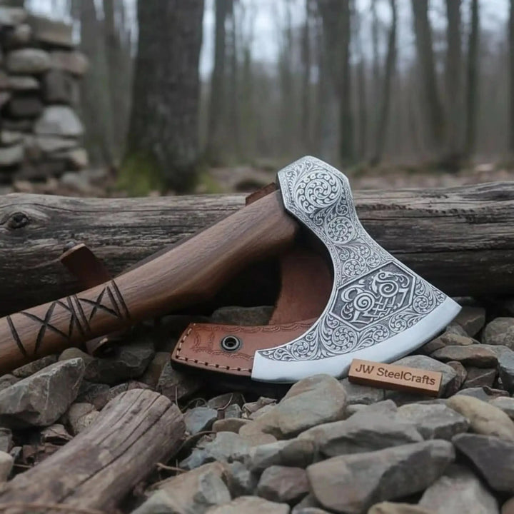     Bushcraft hand axe with engraved blade and curved wooden handle displayed on stone and log surface.