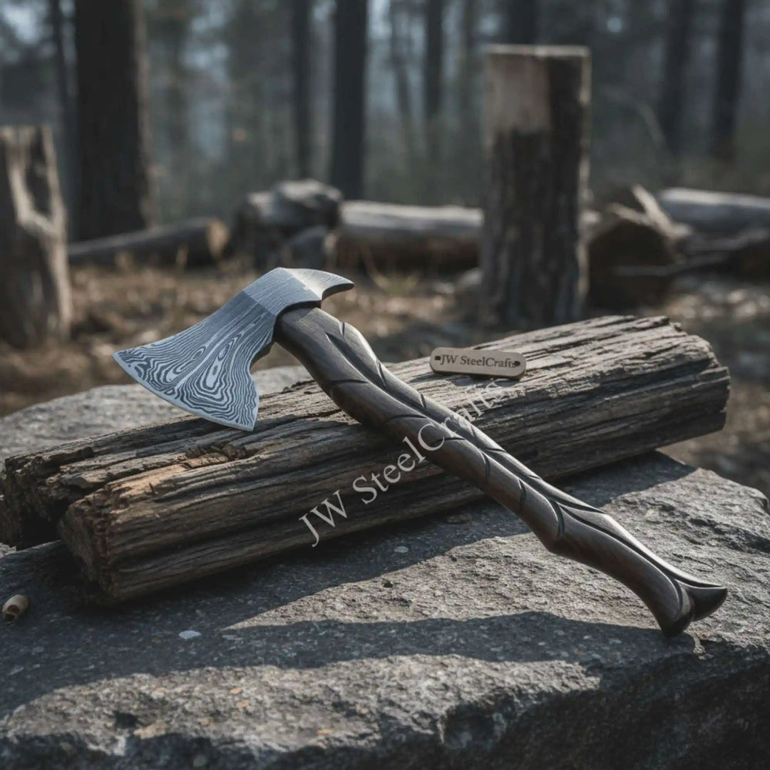     Viking-style axe with twisted black handle and Damascus steel blade displayed on rustic outdoor stone.