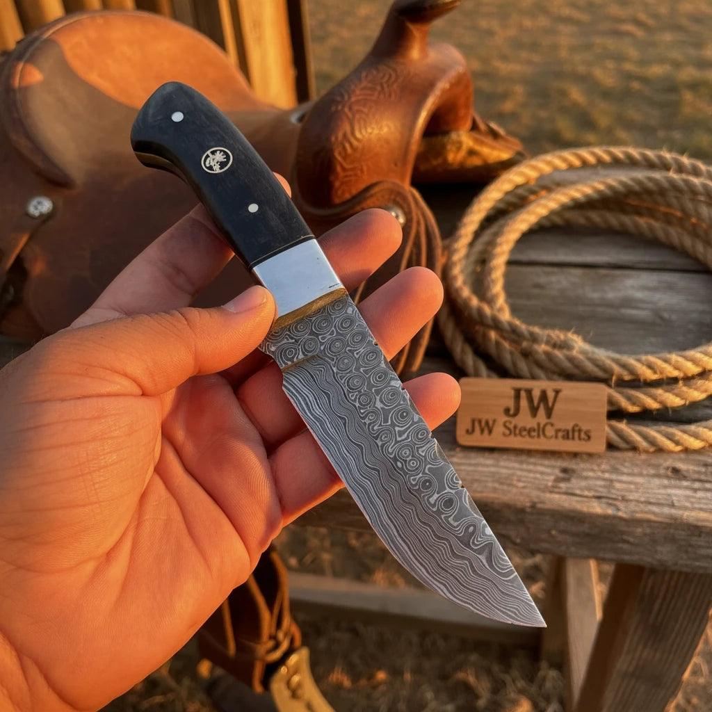 Patriot Ridge Skinner Knife 8" Premium Damascus with Blue Resin Handle