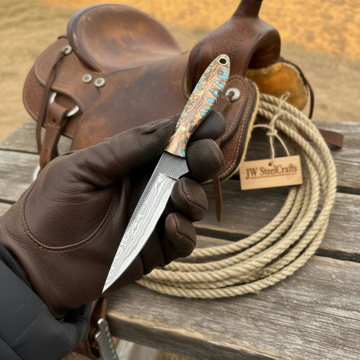 Saddle Rope Boning Knife 8.5” Handmade Damascus Turquoise &amp; Bone Handle