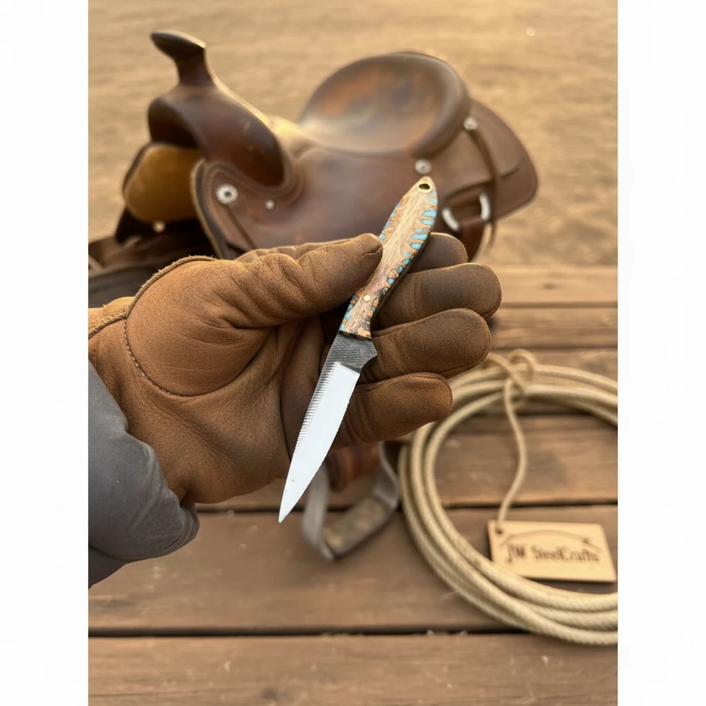 Saddle Rope Boning Knife 8.5” Handmade Damascus Turquoise &amp; Bone Handle