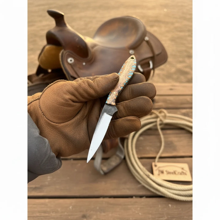 Saddle Rope Boning Knife 8.5” Handmade Damascus Turquoise &amp; Bone Handle