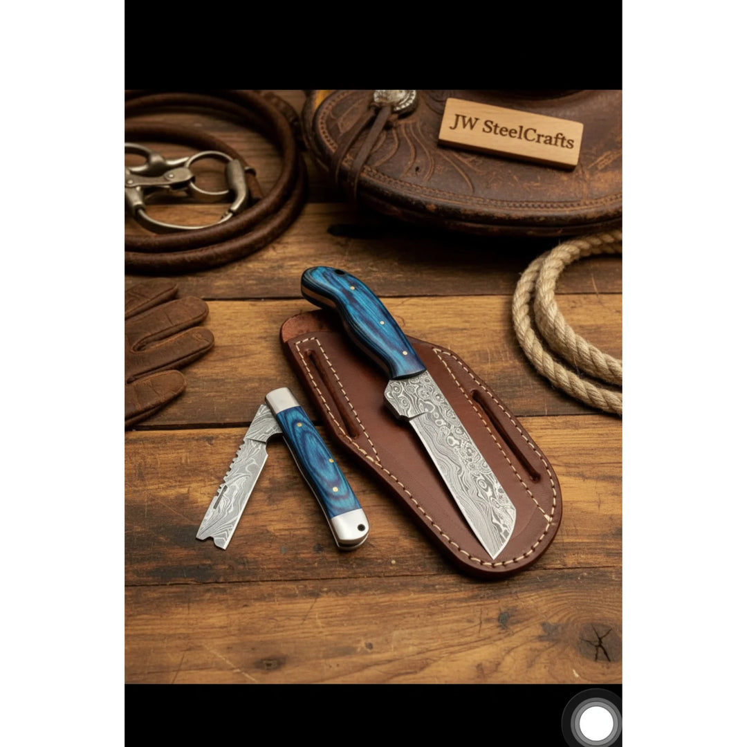 Pocket Forge Cleaver Knife 8.5" Premium Damascus with Blue Resin Handle
