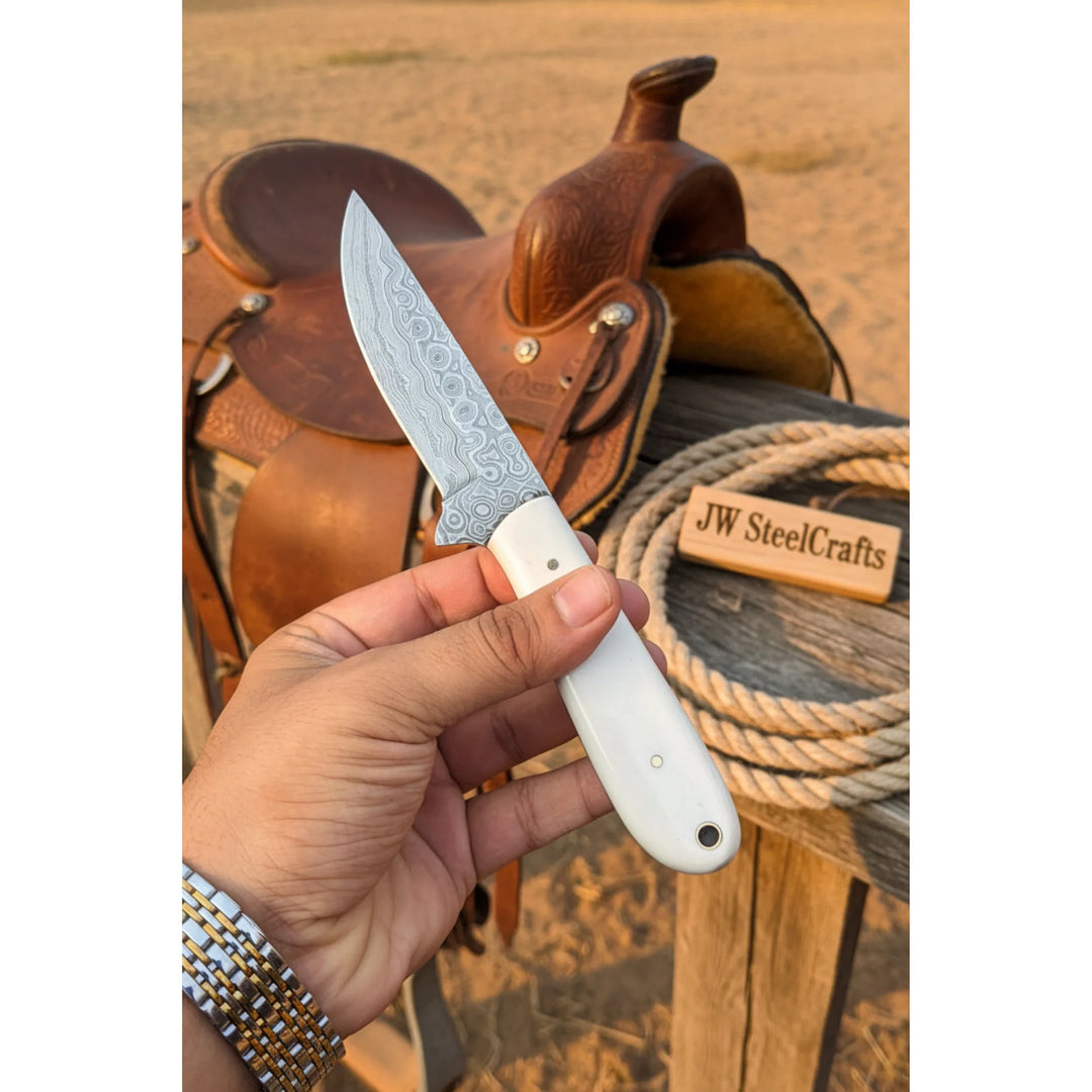 White Ridge Hunter Knife 8" Handmade Damascus White Bone Handle