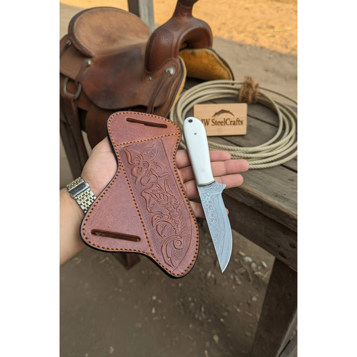 White Ridge Hunter Knife 8" Handmade Damascus White Bone Handle