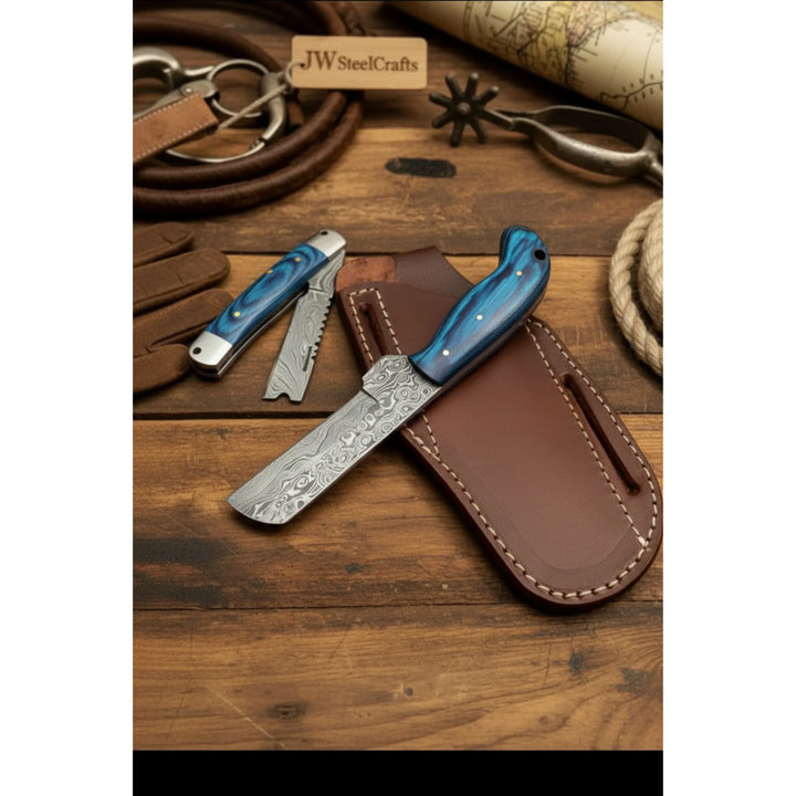 Pocket Forge Cleaver Knife 8.5" Premium Damascus with Blue Resin Handle