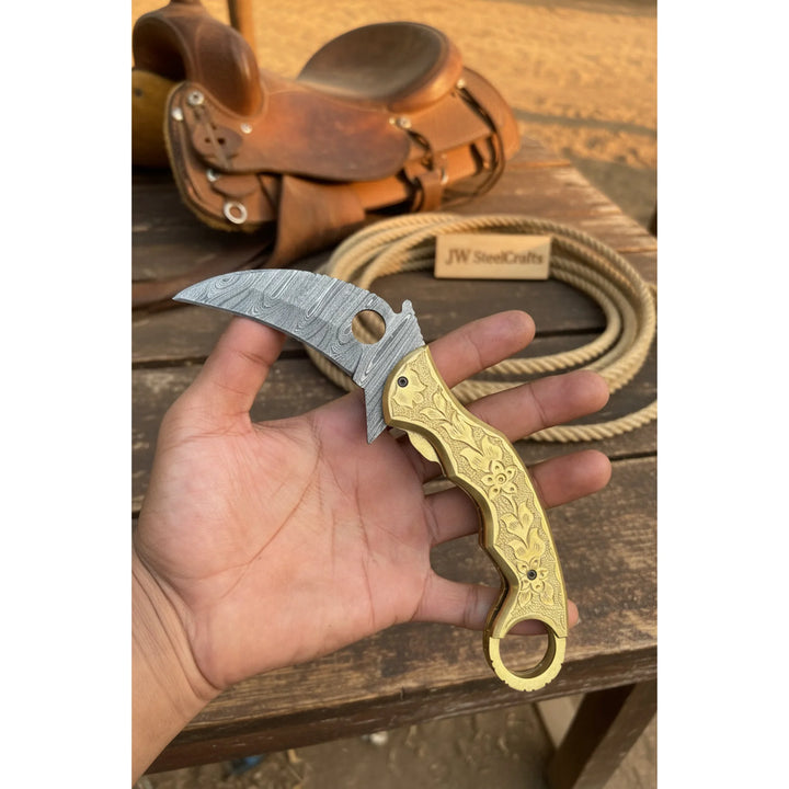 Goldtalon Ring Folder Knife 6" Handmade Brass Handle Finger Ring | JW Steelcrafts