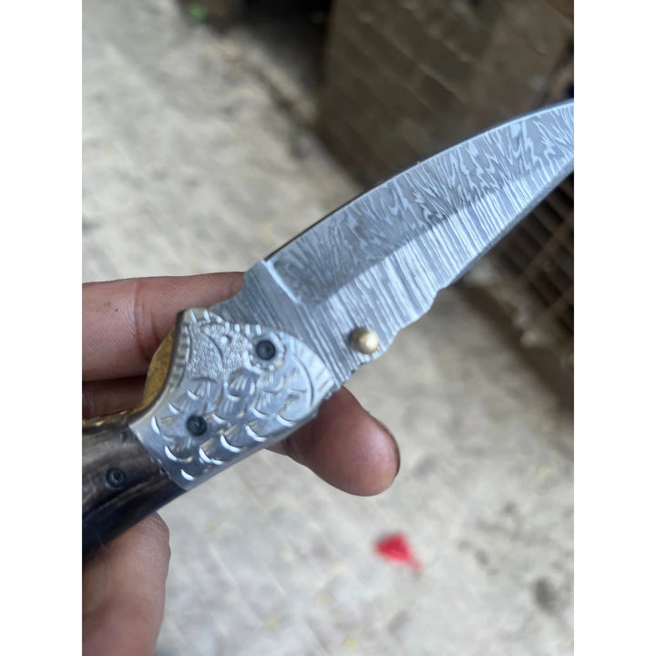 Blackwaist Damascus Folder Knife 7" Handmade Micarta Handle Liner Lock