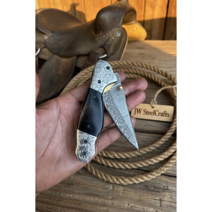 Blackwaist Damascus Folder Knife 7" Handmade Micarta Handle Liner Lock