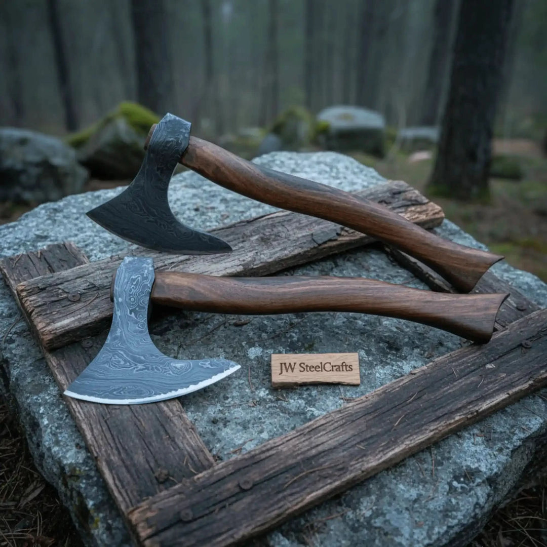     Windcrest handmade forest hatchet collection featuring curved hardwood handles and intricately forged Damascus edges.