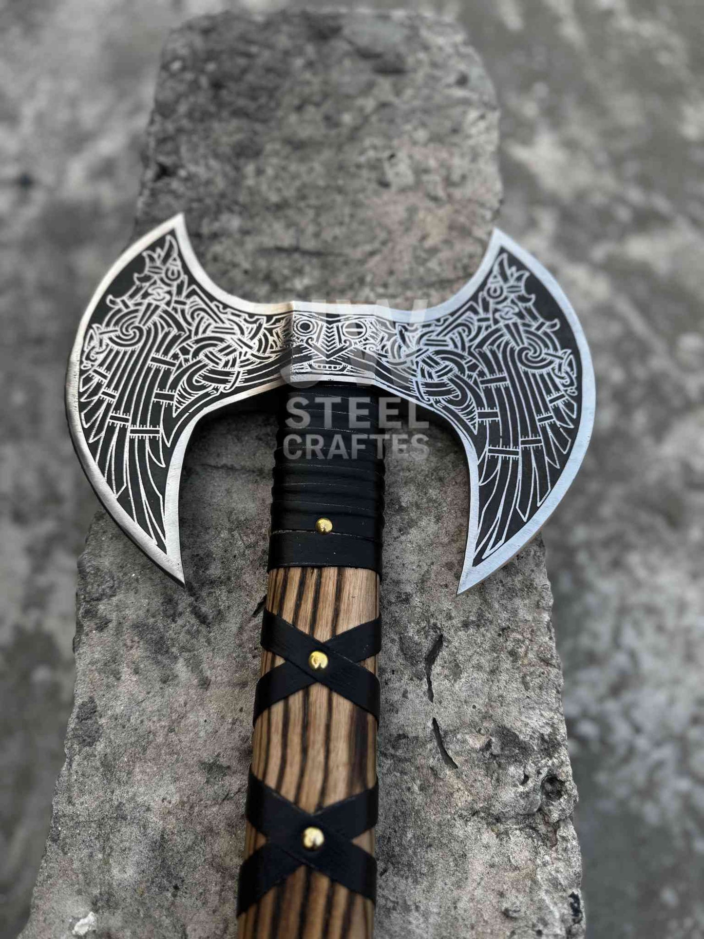 Hand Forged Double-Headed Viking Axe – Norse Engraved Battle Axe with Wooden Handle