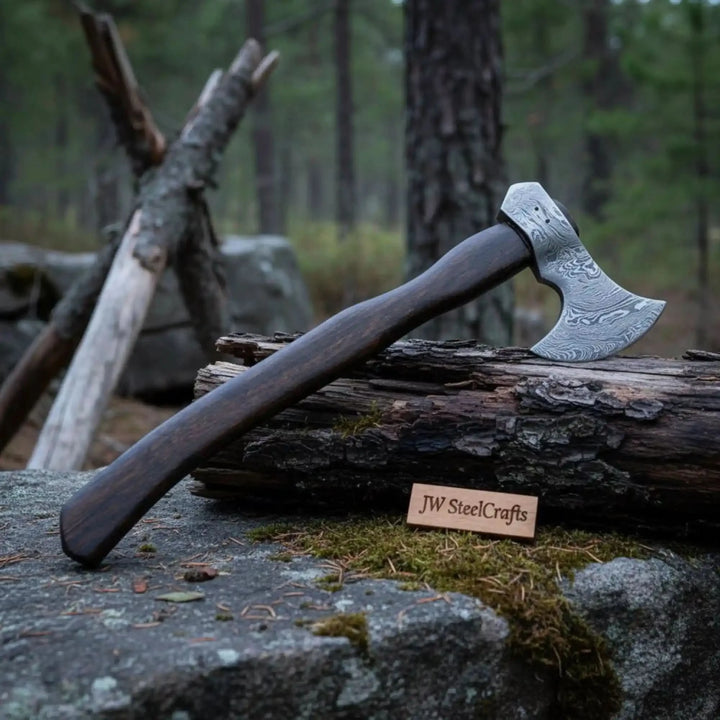     Ironpine handmade survival axe with curved Damascus blade and ergonomic wrapped handle posed in outdoor woodland scene.