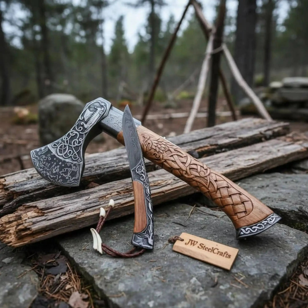     Handmade Viking axe and matching knife with carved wooden handles displayed on rustic forest stones