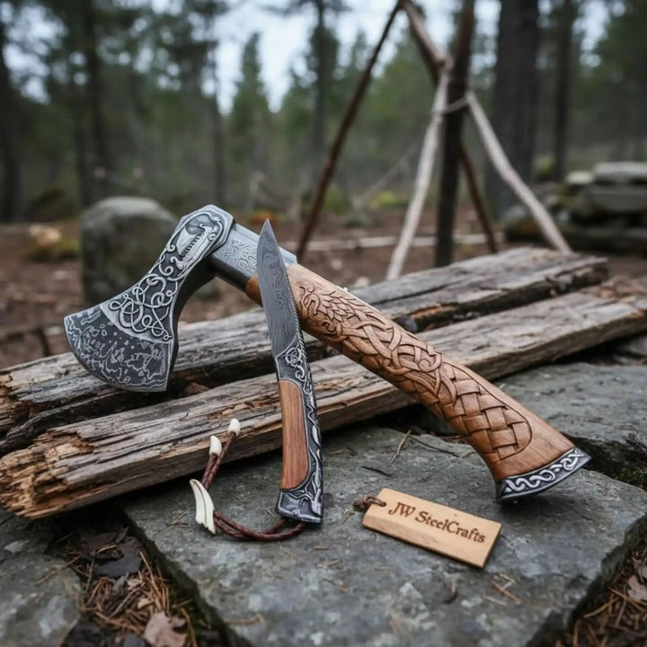     Handmade Viking axe and matching knife with carved wooden handles displayed on rustic forest stones