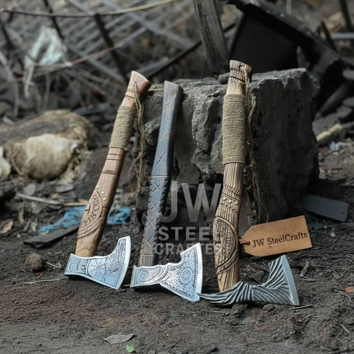 Bronze-inspired Norse battle axe set featuring decorative engravings and wrapped wooden grips beside a tree stump.
