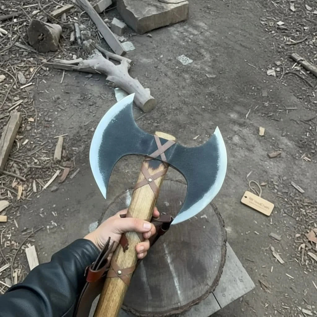 Brimwolf-themed Norse battle halberd featuring twin crescent blades and handcrafted wood shaft with leather straps.