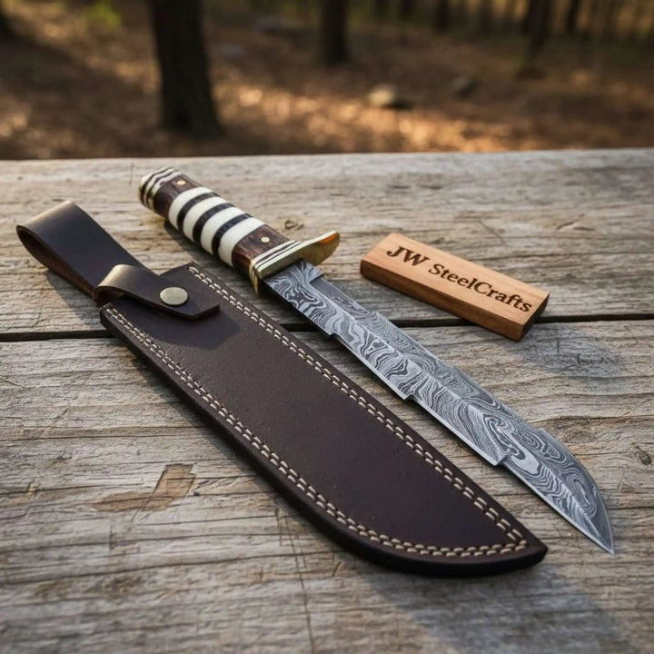 American Clip Point Bowie Knife Damascus Steel Stacked Bone Wood Handle JW SteelCrafts handmade Clip Point Bowie Knives by JW SteelCrafts