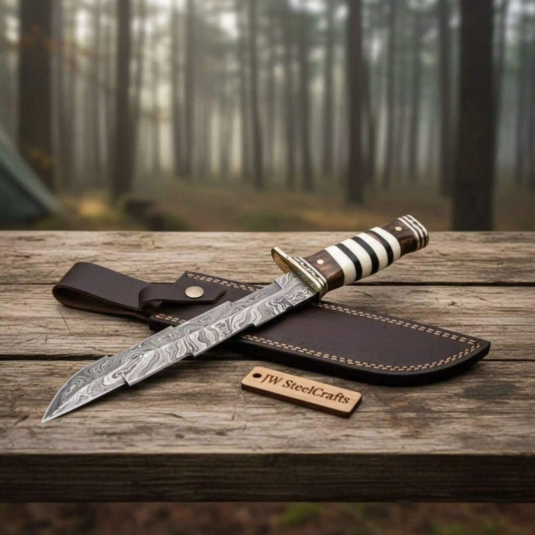 American Clip Point Bowie Knife Damascus Steel Stacked Bone Wood Handle JW SteelCrafts handmade Clip Point Bowie Knives by JW SteelCrafts