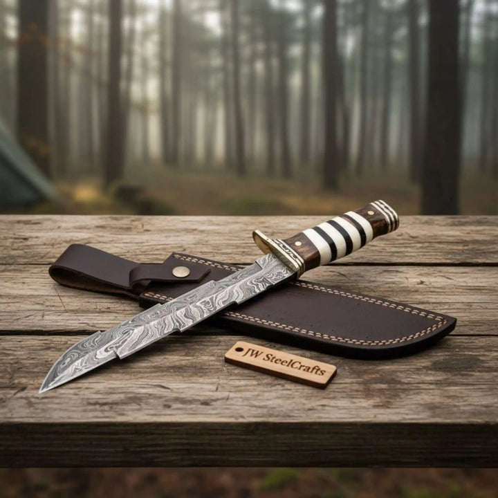 American Clip Point Bowie Knife Damascus Steel Stacked Bone Wood Handle JW SteelCrafts handmade Clip Point Bowie Knives by JW SteelCrafts