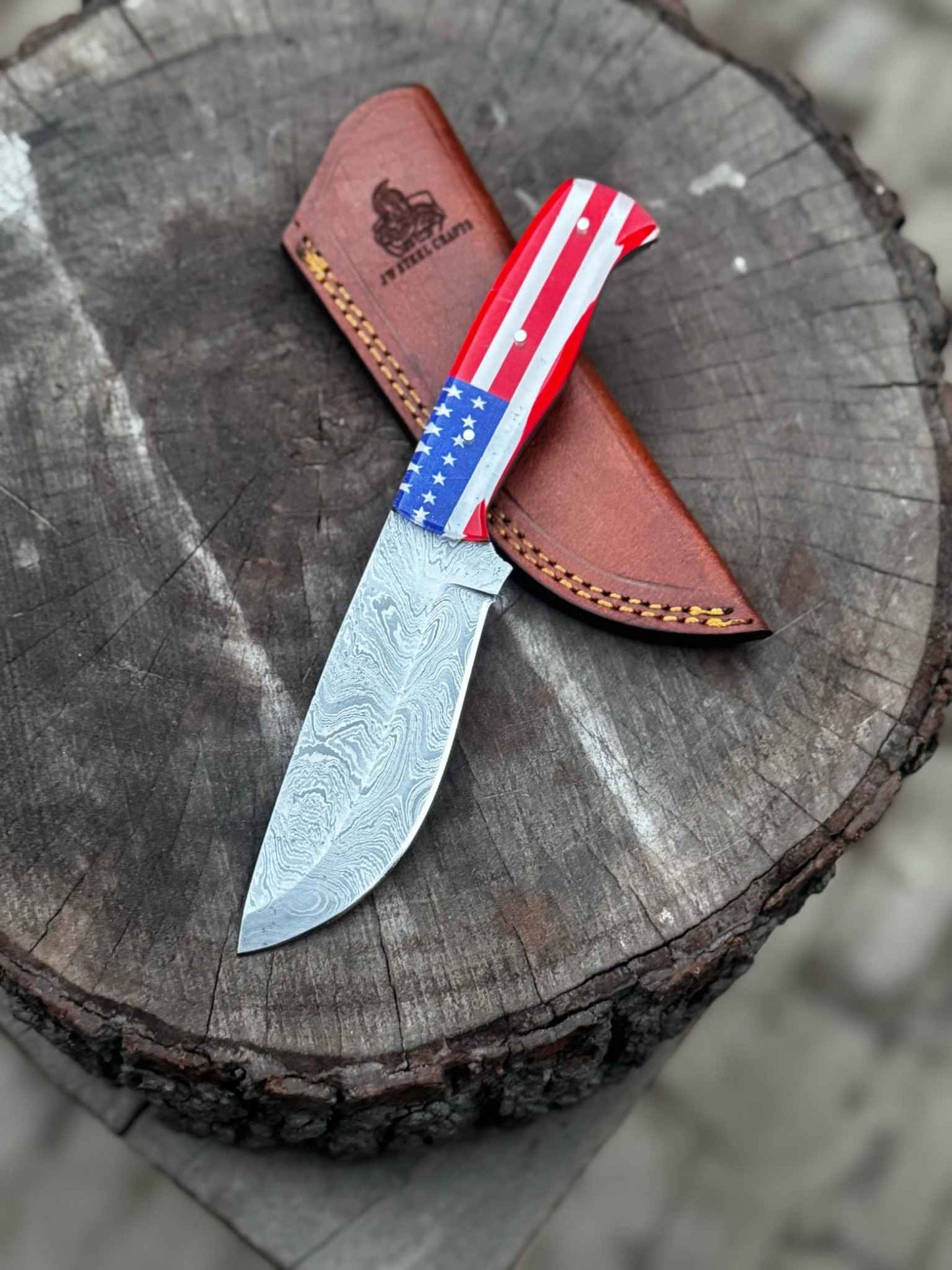 Custom American Flag Handle Damascus Skinner Knife – Handmade Hunting & EDC Knife, Personalized Gift for Him, Anniversary & Groomsmen Gift