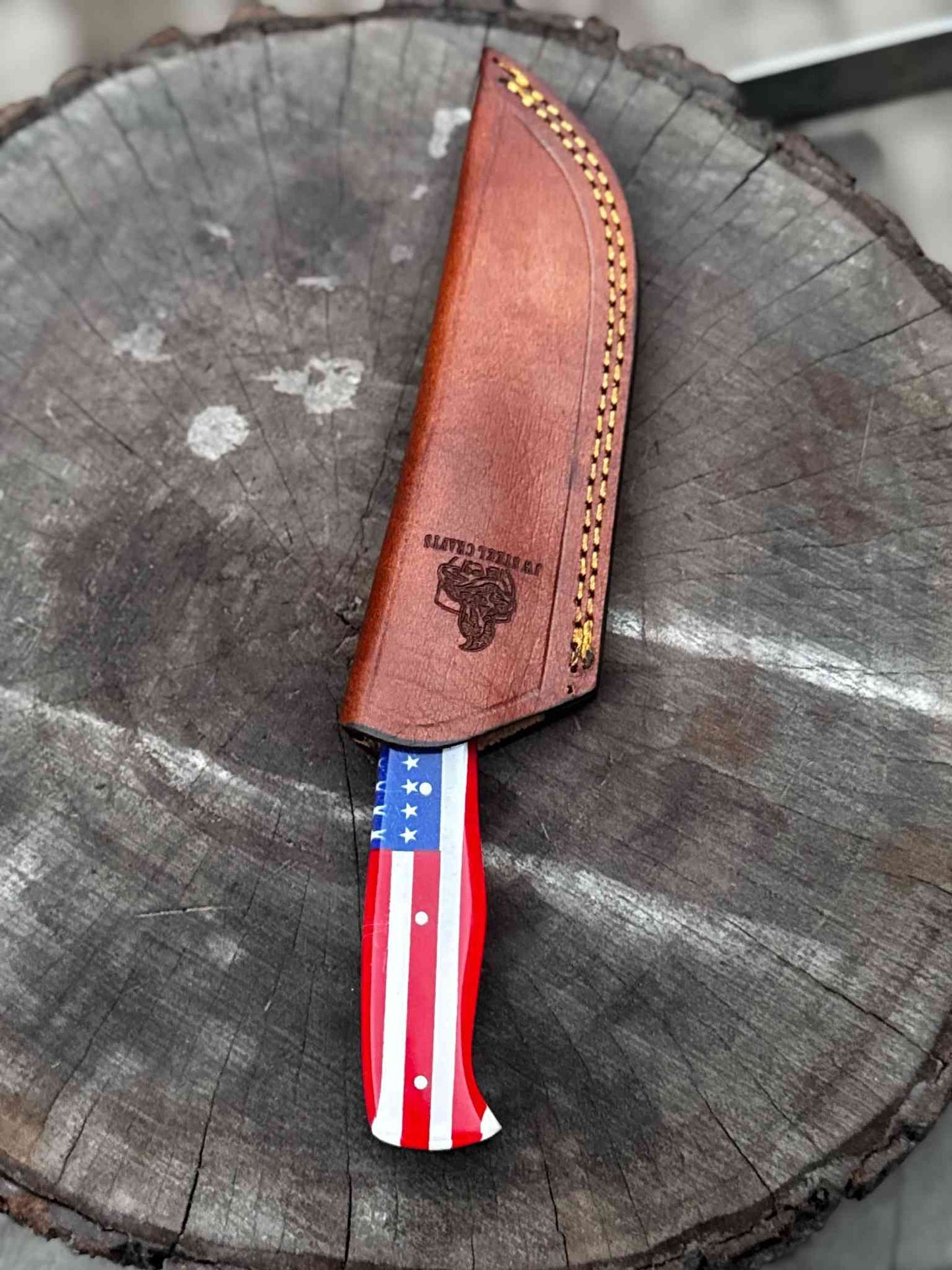 Custom American Flag Handle Damascus Skinner Knife – Handmade Hunting & EDC Knife, Personalized Gift for Him, Anniversary & Groomsmen Gift