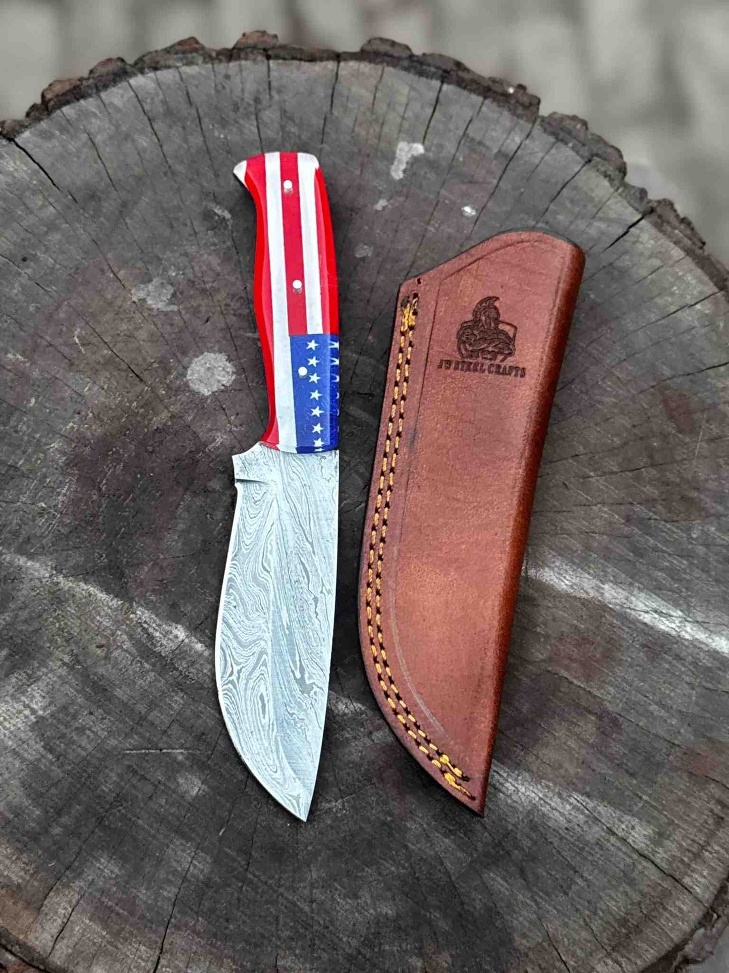 Custom American Flag Handle Damascus Skinner Knife – Handmade Hunting & EDC Knife, Personalized Gift for Him, Anniversary & Groomsmen Gift