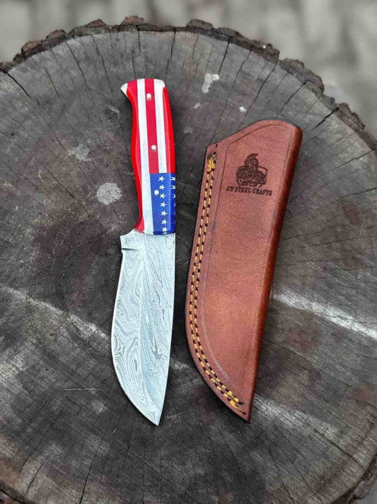 USA Handle Outdoor Knife – Handcrafted Damascus Steel Blade | Leather Sheath | JW SteelCrafts