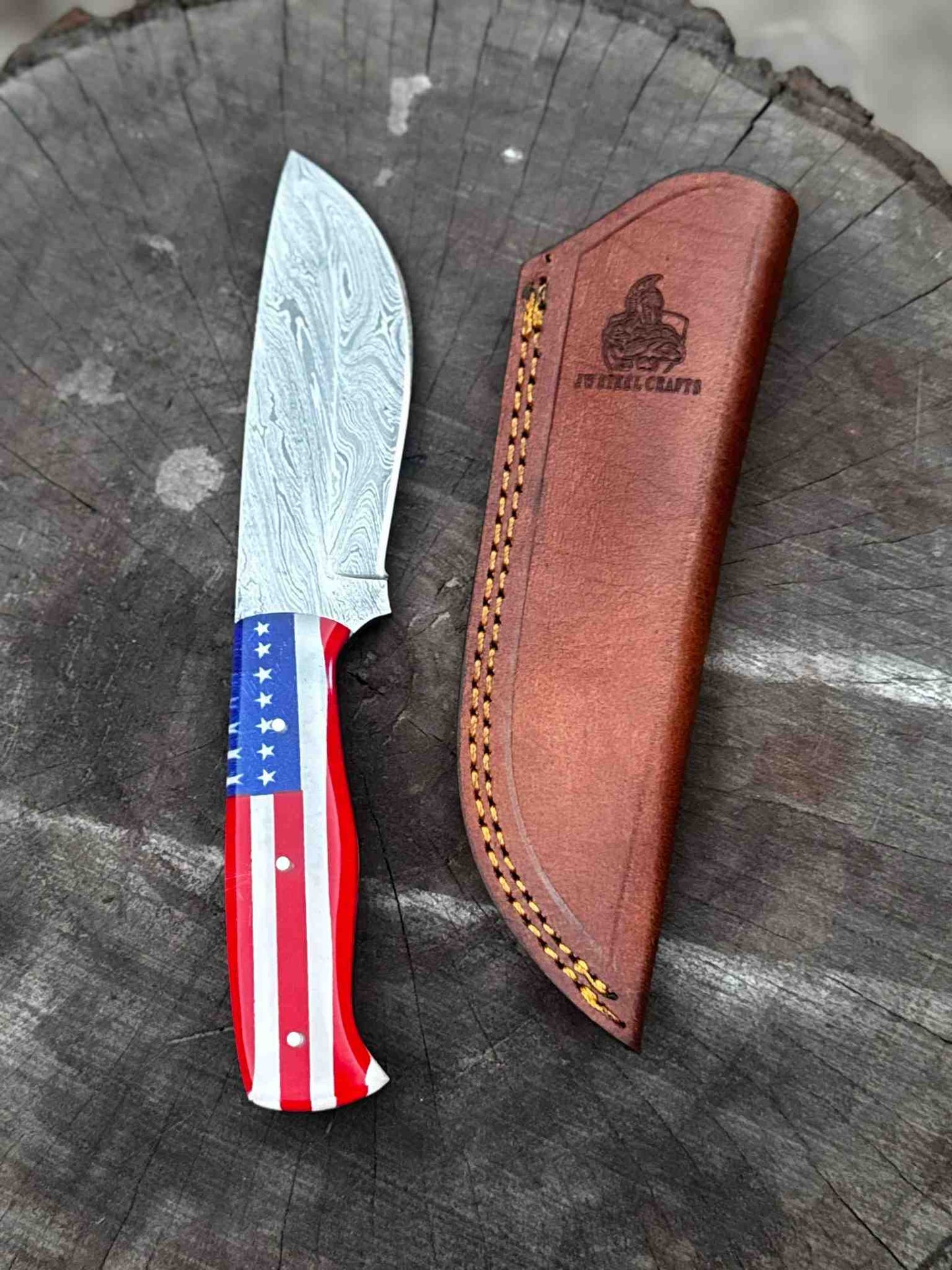 Custom American Flag Handle Damascus Skinner Knife – Handmade Hunting & EDC Knife, Personalized Gift for Him, Anniversary & Groomsmen Gift