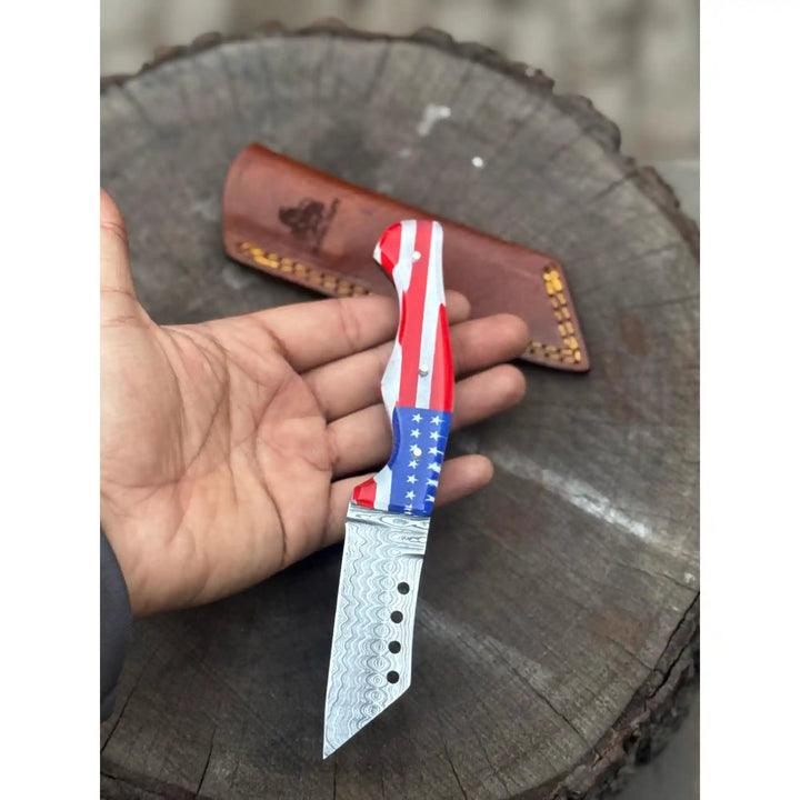 American Flag Handle Damascus Tanto Knife | JW SteelCrafts handmade Tanto Knife by JW SteelCrafts