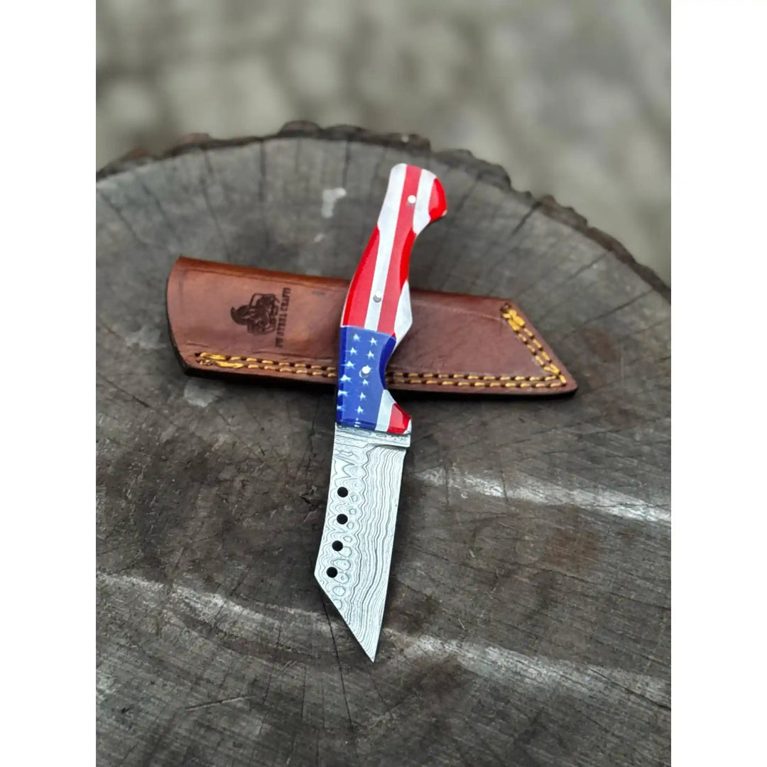 American Flag Handle Damascus Tanto Knife | JW SteelCrafts handmade Tanto Knife by JW SteelCrafts
