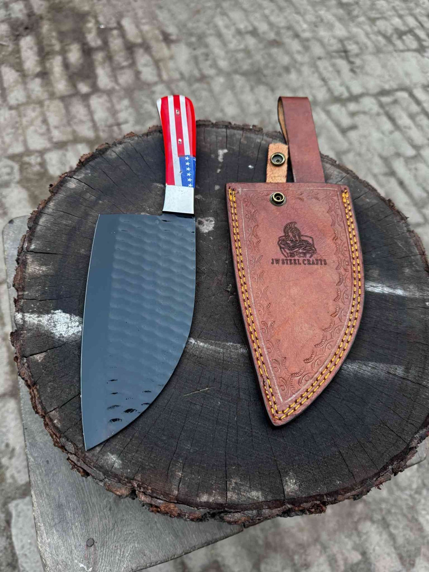 Personalized American Flag Handle Chopper Knife – Black Powder Coated Blade, Handmade Gift for Him, Dad, or Anniversary