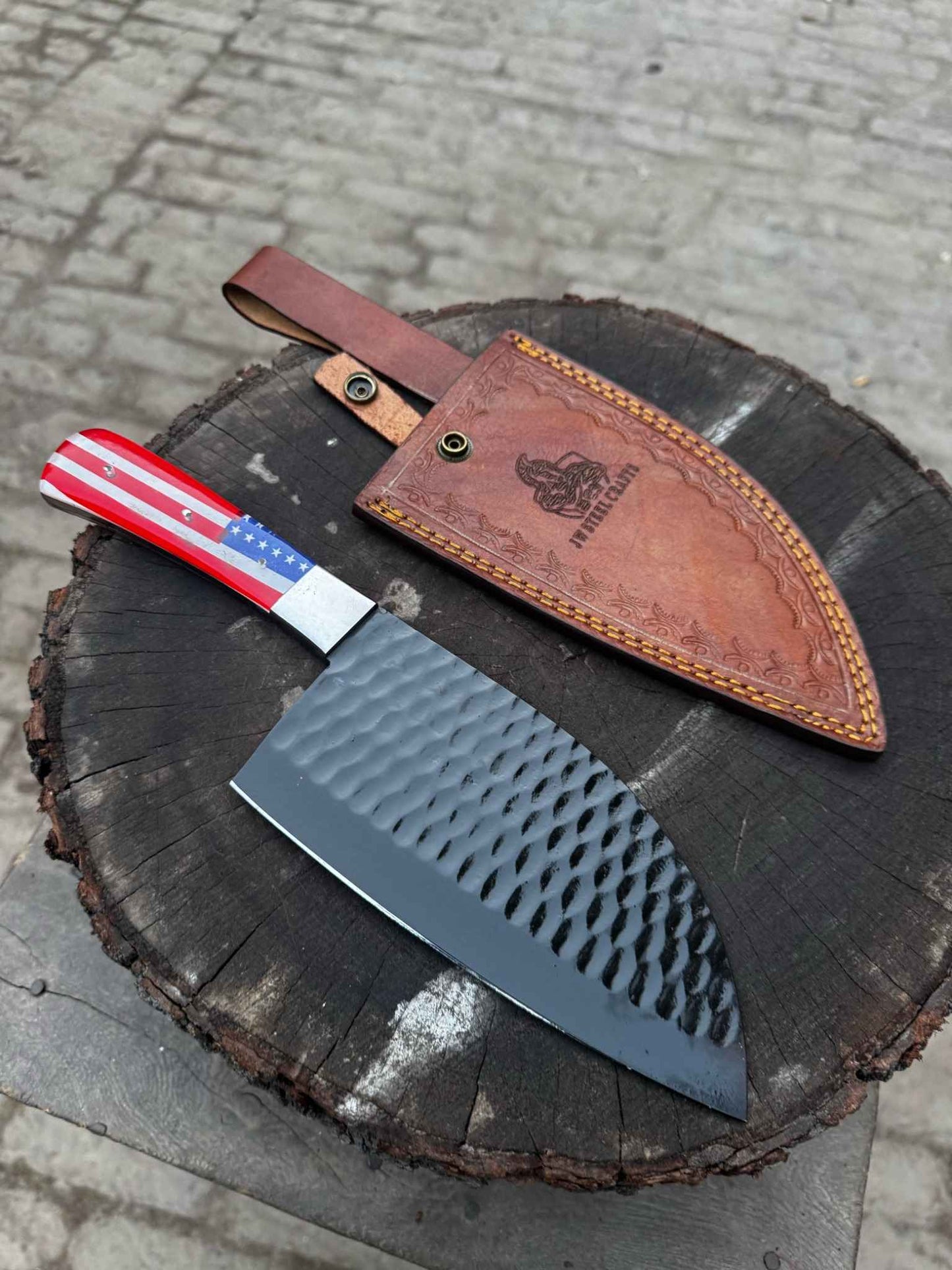 Personalized American Flag Handle Chopper Knife – Black Powder Coated Blade, Handmade Gift for Him, Dad, or Anniversary