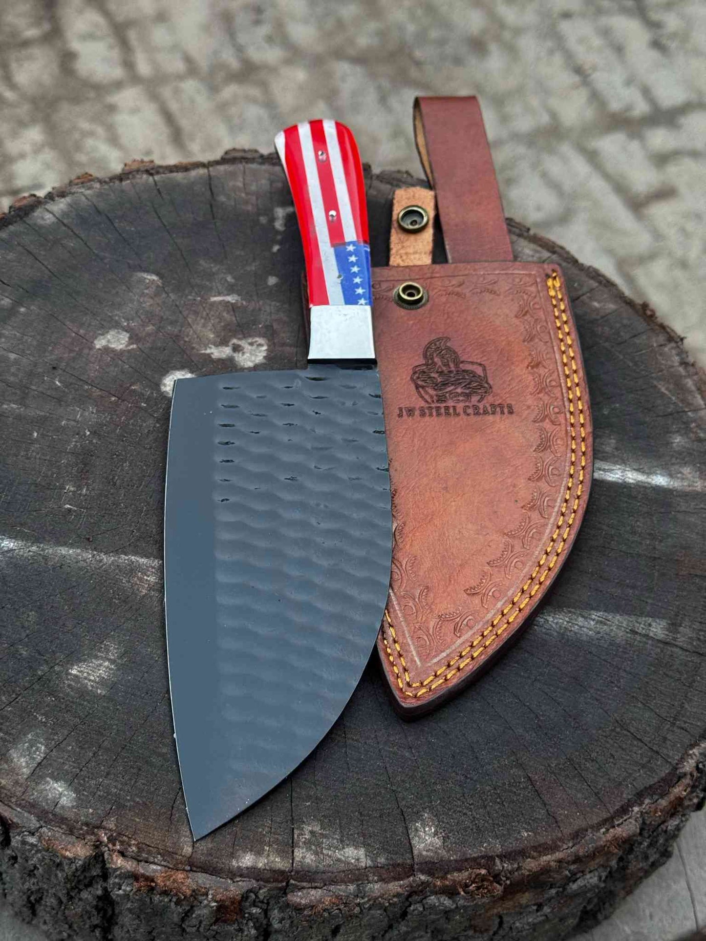 Personalized American Flag Handle Chopper Knife – Black Powder Coated Blade, Handmade Gift for Him, Dad, or Anniversary