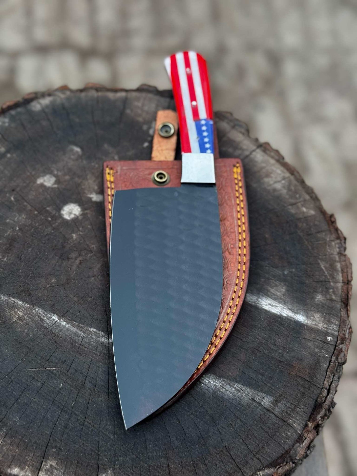 Personalized American Flag Handle Chopper Knife – Black Powder Coated Blade, Handmade Gift for Him, Dad, or Anniversary