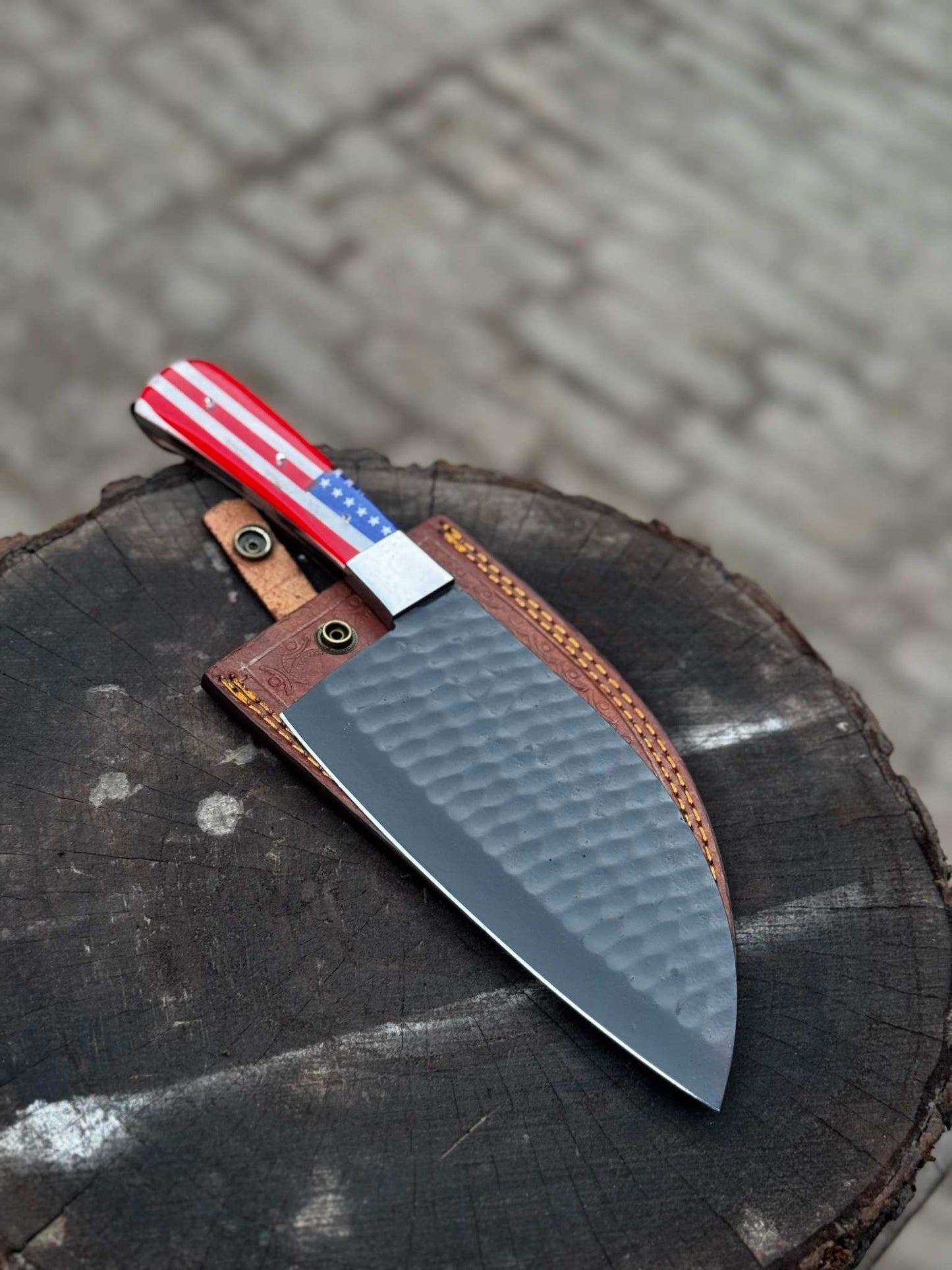 Personalized American Flag Handle Chopper Knife – Black Powder Coated Blade, Handmade Gift for Him, Dad, or Anniversary