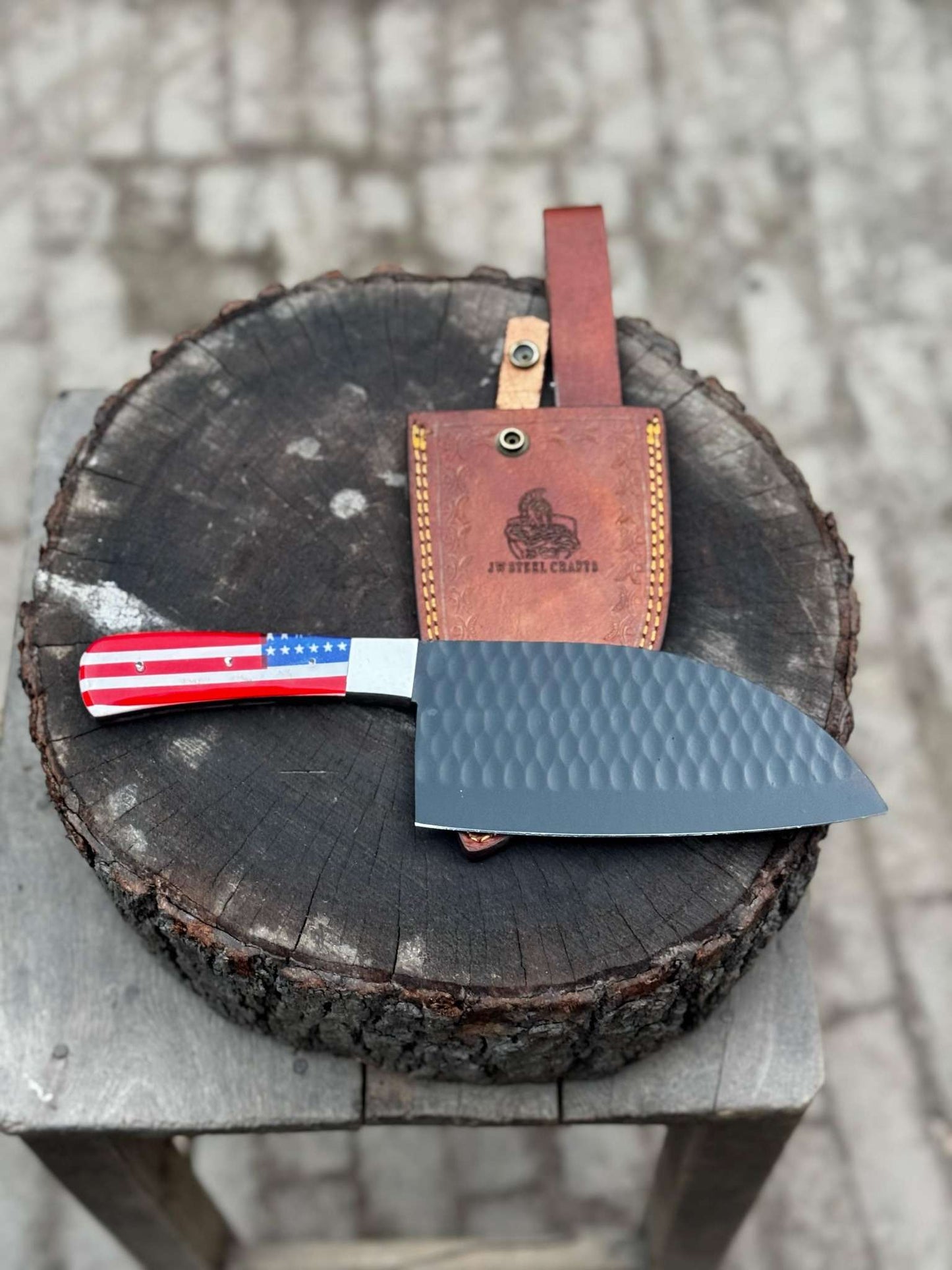 Personalized American Flag Handle Chopper Knife – Black Powder Coated Blade, Handmade Gift for Him, Dad, or Anniversary