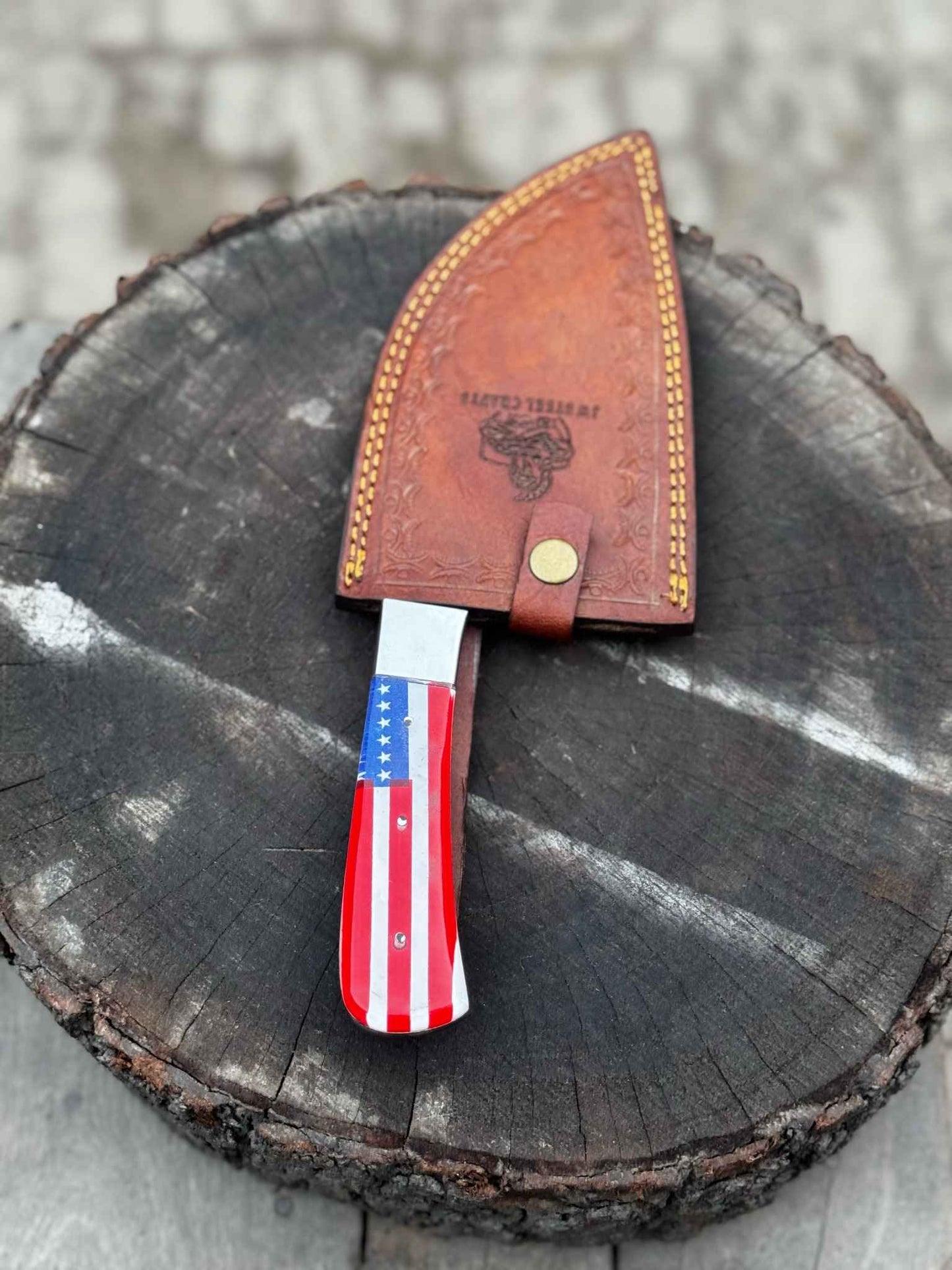 Personalized American Flag Handle Chopper Knife – Black Powder Coated Blade, Handmade Gift for Him, Dad, or Anniversary