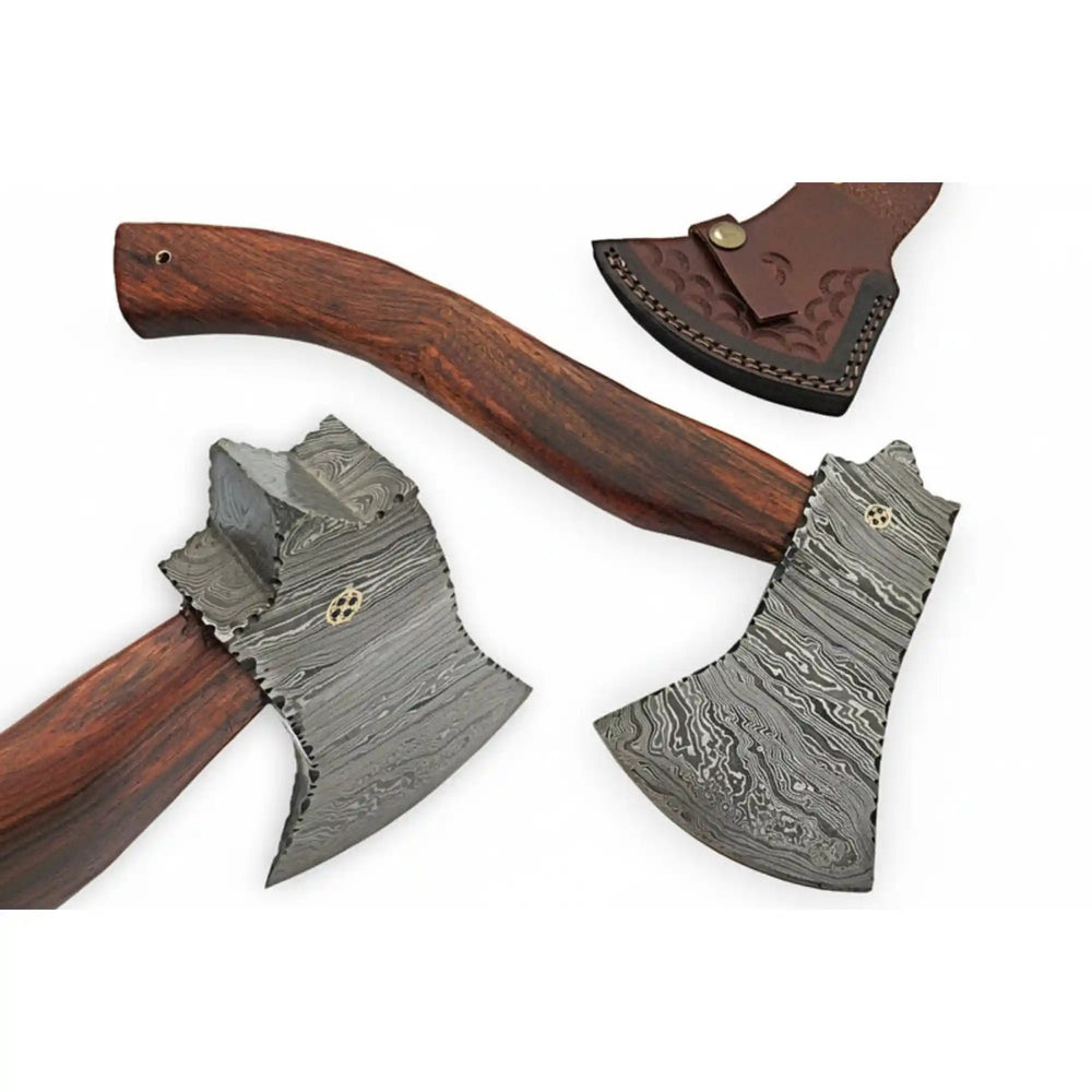 Bold handcrafted battle axe featuring Damascus steel textures, dual blades, and polished reddish wood handle.
