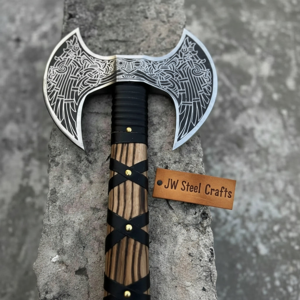 Hand engraved double headed Viking axe with hardwood handle and leather wrap grip on white background