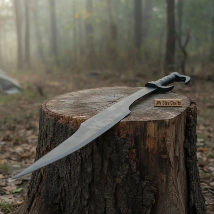 Dark forged sword with a curved single-edge blade and textured black guard, photographed on a tree stump in a misty pine forest