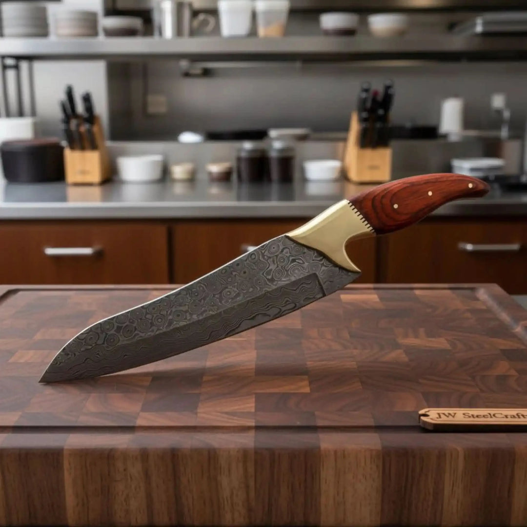 Unique brass bolster Damascus knife displayed across a dark wooden board