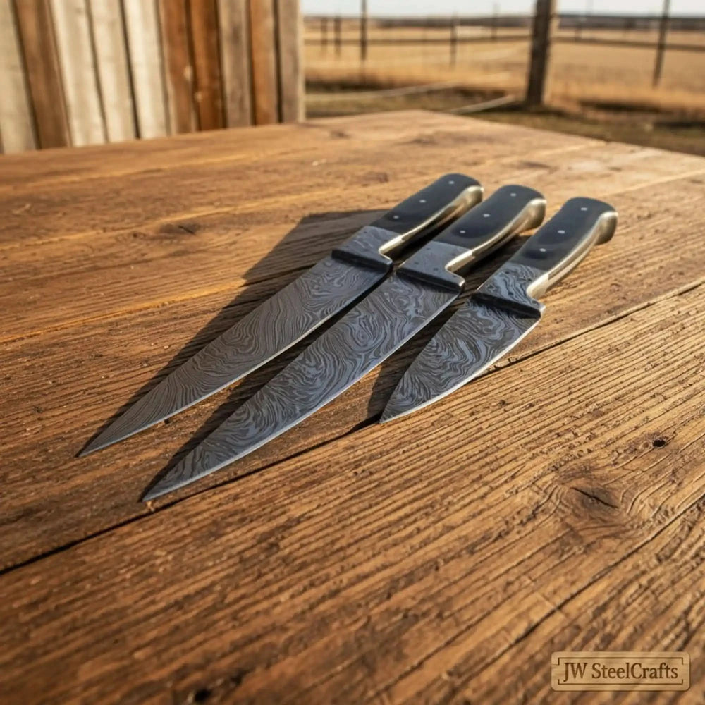 Close angle view of Damascus blade chef knives with decorative layered steel textures.