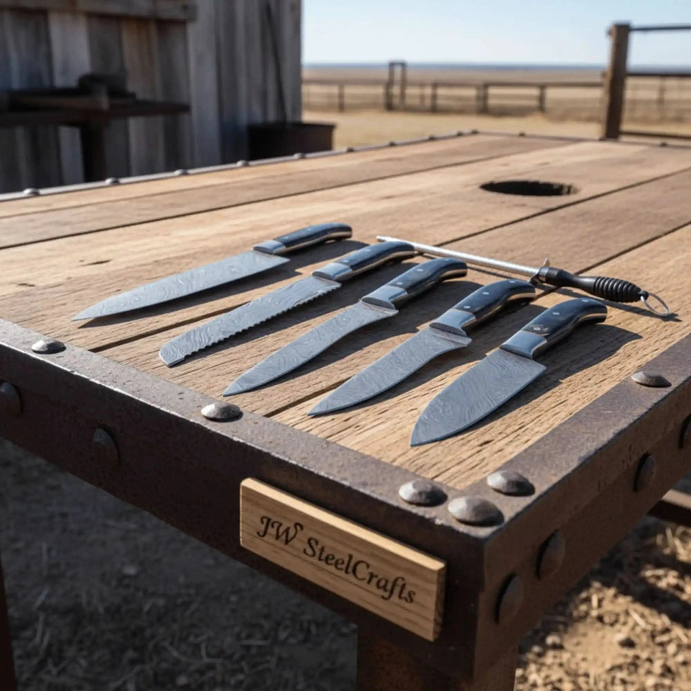 Side view of cooking knives photographed from angled overhead perspective with honing rod and luxury studio styling.