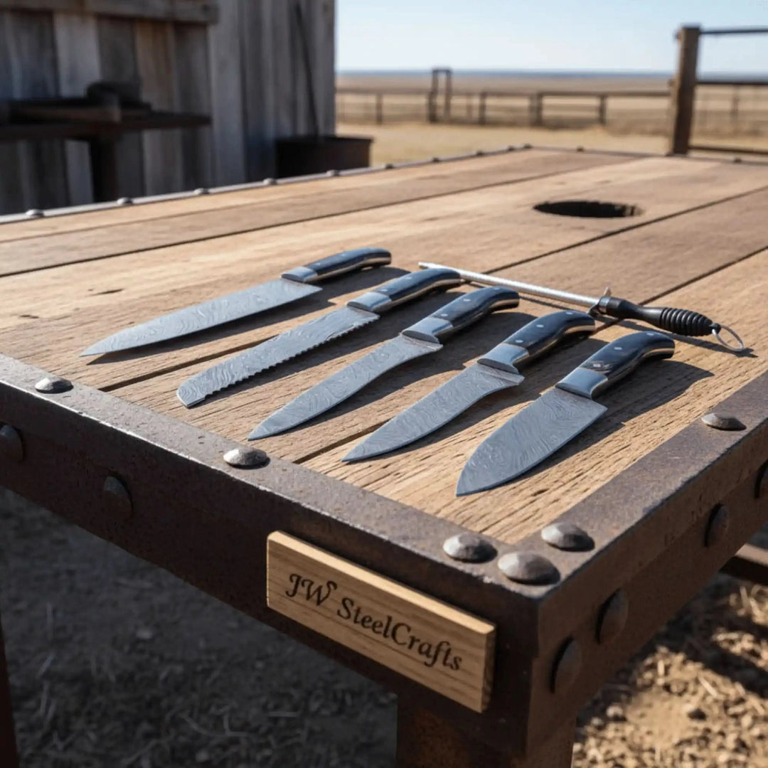 Side view of cooking knives photographed from angled overhead perspective with honing rod and luxury studio styling.